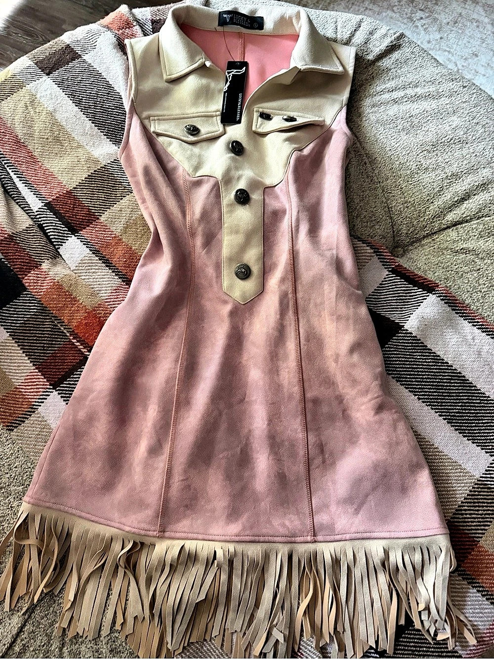 Lucky & Blessed Rodeo Belle Pink Faux Suede Fringe Dress Small